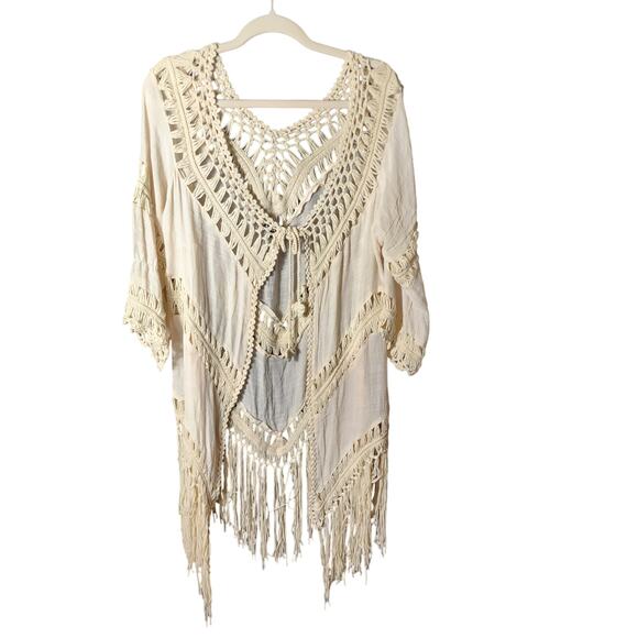 LA Hearts L Ivory Crochet Tie Front Resort Beach Vacation Swim Cover Fringe Boho - Picture 1 of 5